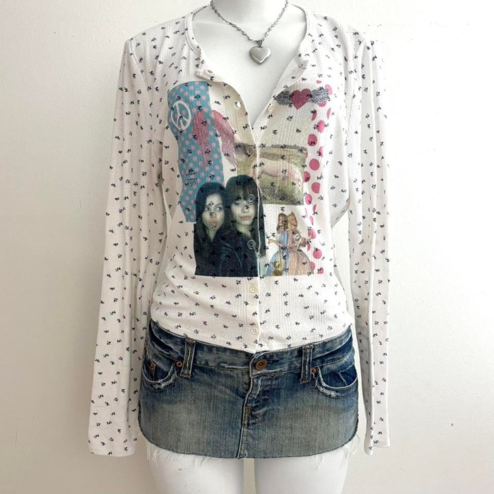 white collage graphic cardigan y2k long sleeve button top